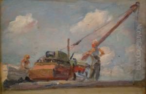 Figures Standing Beside A Crane by Ivan Parkhomenko