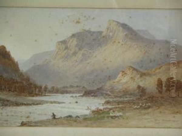 Fisherman With Shepherd And Flock With Mountains Beyond - view 1