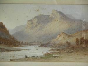 Fisherman With Shepherd And Flock With Mountains Beyond by Alfred Edward Parkman