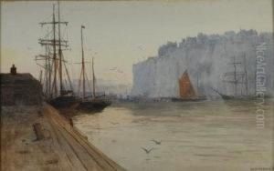 British Moored Fishing Boats In A Harbour by William Samuel Parkyns