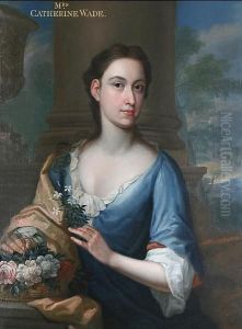 Portrait Of Mrs Catherine Wade, Half Length,stood Before Classical Columns And Holding A Basket Offlowers