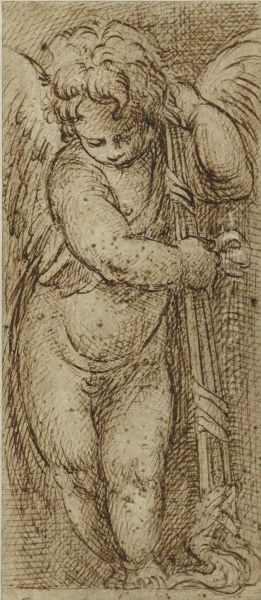 Putto Aile S'appuyant Sur Un Flambeau Retourne - view 1