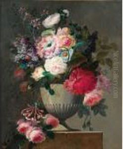 Nature Morte Au Vase De Fleurs Sur Un Entablement De Marbre