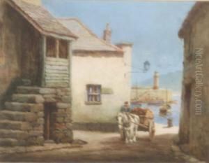 Horse And Cart With Newlyn Harbour Beyond Signed 10 X 13.25in