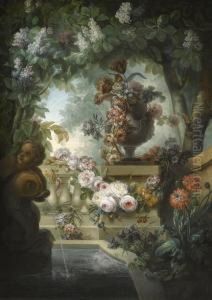 A Garden Scene With An Urn Of Flowers, A Flower Garland And A Fountain Beneath A Canopy Of Wisteria