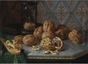 Still Life With Wallnuts, A Pipe And Hourglass On A Grey Marbleledge by Miguel Parra Y Soler