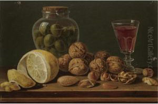 Still Life With Walnuts, Olives In A Glass Jar, A Partly Peeled Lemon And A Glass Of Red Wine - view 1
