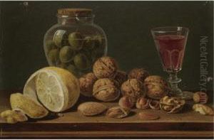 Still Life With Walnuts, Olives In A Glass Jar, A Partly Peeled Lemon And A Glass Of Red Wine by Miguel Parra Y Soler