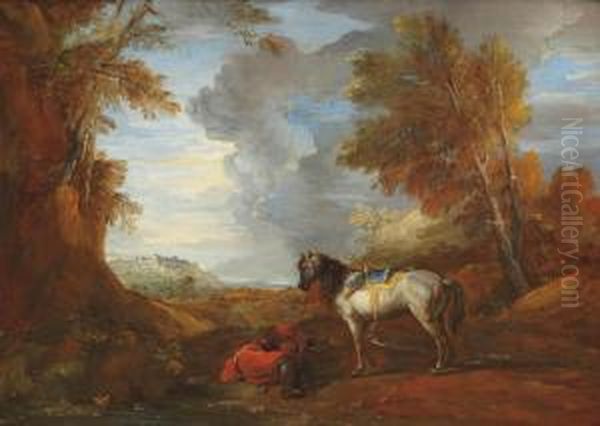 A Rider Resting Near His Horse In A Hilly Landscape - view 1