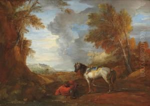 A Rider Resting Near His Horse In A Hilly Landscape by Charles Parrocel