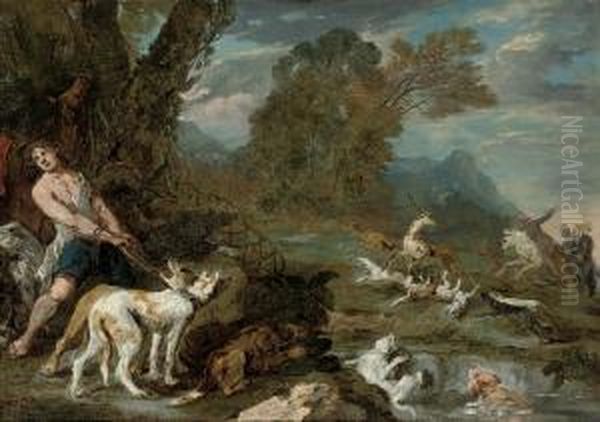 A Deerhunt In A Wooded River Landscape, A Modello - view 1
