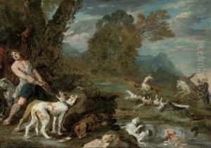 A Deerhunt In A Wooded River Landscape, A Modello A Deerhunt In A Wooded River Landscape, A Modello