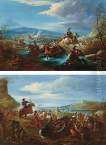 Battaglia Con Cavalieri Che Guadano Il Fiume Battaglia Con Cavalieri Che Guadano Il Fiume