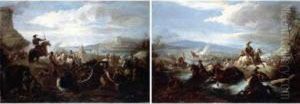 A Battle Scene With Cavalry Fleeing Across A River A Battle Scene With Cavalry Fleeing Across A River