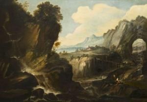 Paysage Anime D'une Cascade Et D'un Groupe De Personnages