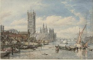 Houses Of Parliament And Westminster Bridge From The South Bank Of The River Thames by William Parrott