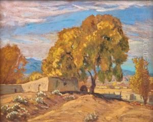 New Mexico Adobe With Large Tree In Foreground by Sheldon Parsons