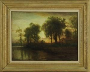 Sunset River Landscape With House
