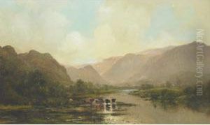 Mountainous Vista With Cattle And Fieldworkers In Thedistance by Ernest Parton