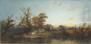 Summer Evening With Horses And Cottages Beside A River