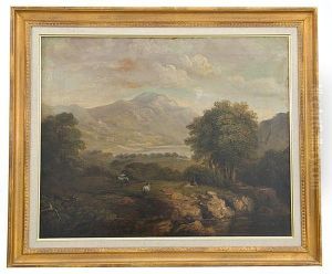 Coastal Mountain Scene With Shepherd And Flock by A Partzer
