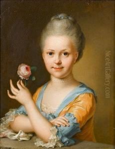 Portrait Of A Young Girl, Half-length, In A Gold Dress With Blue Trim And A Lace Cuffs, Holding A Rose by Ulrica Pasch