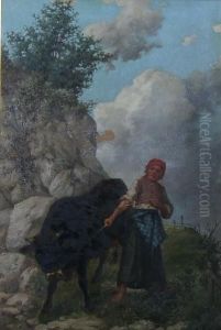 Young Girl And Calf On A Rocky Pathway by Antonio Pascutti
