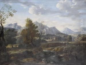 Figures Resting Beside A Lake, Before An Italianate Landscape