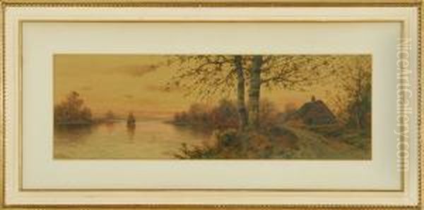 Sunset View Of A Cottage And A Sailboat On A Lake - view 1