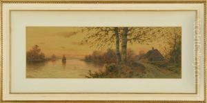 Sunset View Of A Cottage And A Sailboat On A Lake by William Frederick Paskell