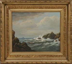 Rocky Seascape With Distant Vessels. by William Frederick Paskell