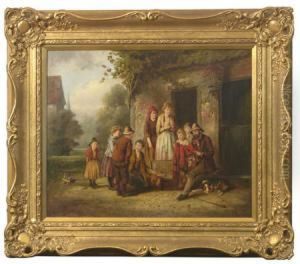 Children And Travelling Salesman Outside An Old Barn, Oil, Bears Signature, Canvas, 2