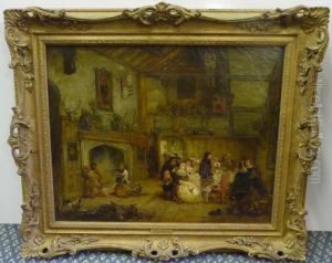 Medieval Banqueting Scene, A Jester And Other Figures Beside A Fireplace