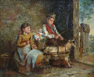 A Young Boy And Girl With Baskets Of Flowers And A Goat