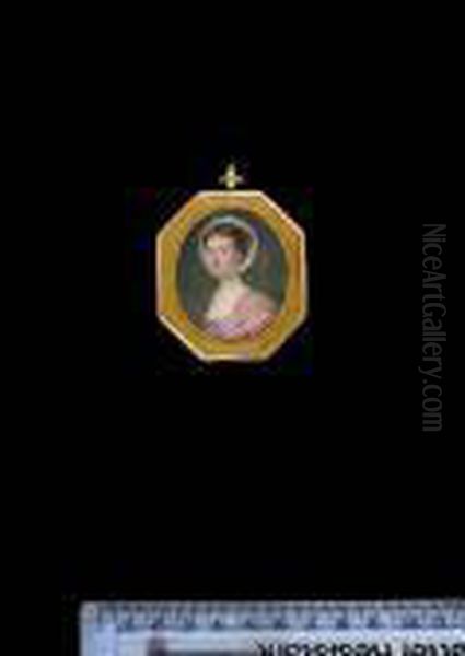 A Lady, Wearing Pink Dress With White Trim, Lace Shawl And Matching Bonnet, Her Neck Adorned With Pearls. - view 1