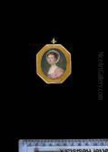 A Lady, Wearing Pink Dress With White Trim, Lace Shawl And Matching Bonnet, Her Neck Adorned With Pearls.
