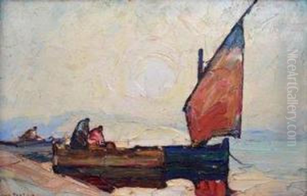 Single Masted Fishing Boats With Figures Moored At A Harbours Edge - view 1