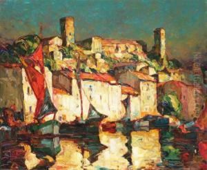 View Of A Coastal Village And Harbor by Louis Pastour