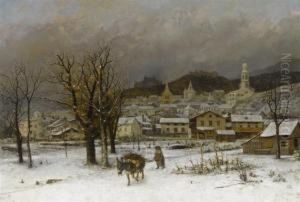 Winter Landscape With View Of A Swiss Town In The Background, Possibly Fribourg by Cherubino Pata