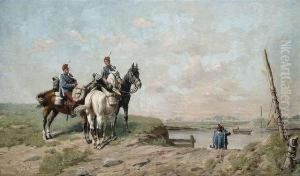 Soldiers On Horseback At A River by Laszlo Pataky