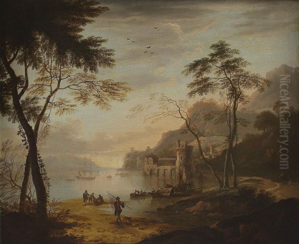 An Italianate Coastal View With Fishermen Unloading Their Catch - view 1