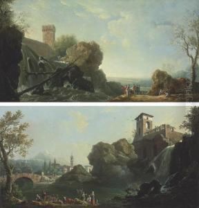 An Italianate Landscape With Elegant Figures By A Waterfall by Thomas Patch