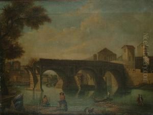Figures By A Ruined Bridge In An Italian Town. by Thomas Patch
