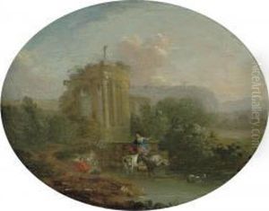 An Italianate Landscape With Drovers And Their Herd Watering Beside Classical Ruins by Pierre-Antoine Patel