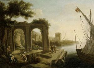 A Mediterranean Port With Figures Before A Ruined Arch by Pierre-Antoine Patel