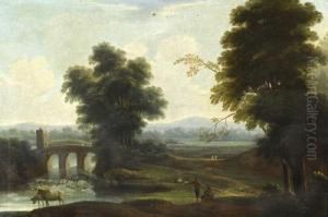 Peasants Grazing Their Cattle Before An Italianate Landscape With A Bridge In The Distance