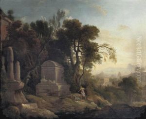 Pyrame And Thisbe In A Wooded Landscape With Classsical Ruins by Pierre-Antoine Patel