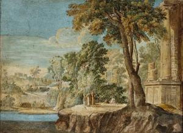 An Arcadian Landscape With Figures Byclassical Ruins by Pierre-Antoine Patel