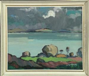 Clouds Over An Estuary With Boulders On A Hillside In The Foreground