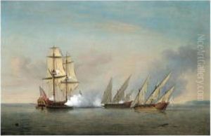 A Royal Navy Brig In Action With Two Armed Spanish Xebecs by Richard Paton